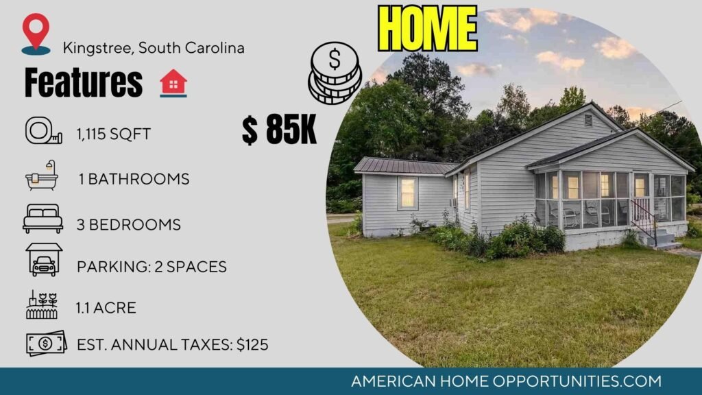Price card for cheap farmhouse in Kingstree South Carolina — 1.1 acres, 3 bedrooms 1 bath, $85,900