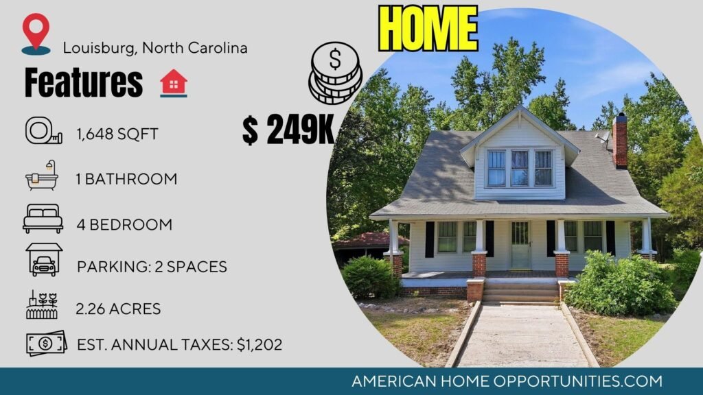 Price card for cheap farmhouse in Louisburg North Carolina — 2.26 acres, 4 bedrooms 1 bath, $249,000