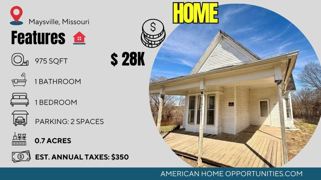 Price card for cheap home in Maysville Missouri — 0.7 acres formal dining 1 bed $28,520