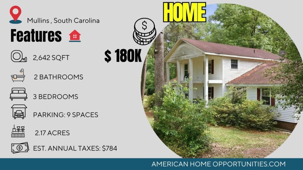 Price card for cheap farmhouse in Mullins South Carolina — 2.17 acres, 3 bedrooms 2 baths, 2,642 sqft, $180,000