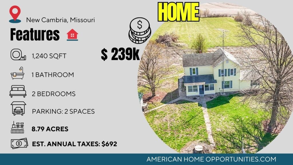 Price card for cheap farmhouse in New Cambria Missouri — 8.79 acres Dutch barn orchard 2 beds $239,000