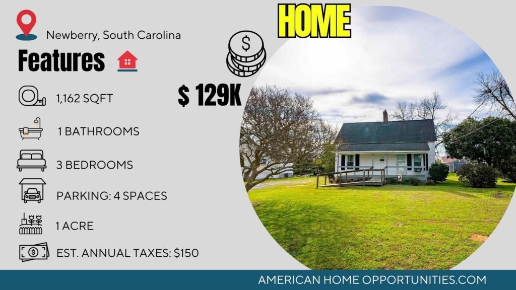 Price card for cheap farmhouse in Newberry South Carolina — 1 acre, 3 bedrooms 1 bath, $129,000