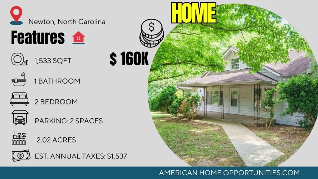 Price card for cheap farmhouse in Newton North Carolina — 2.02 acres, 2 bedrooms 1 bath, $160,000