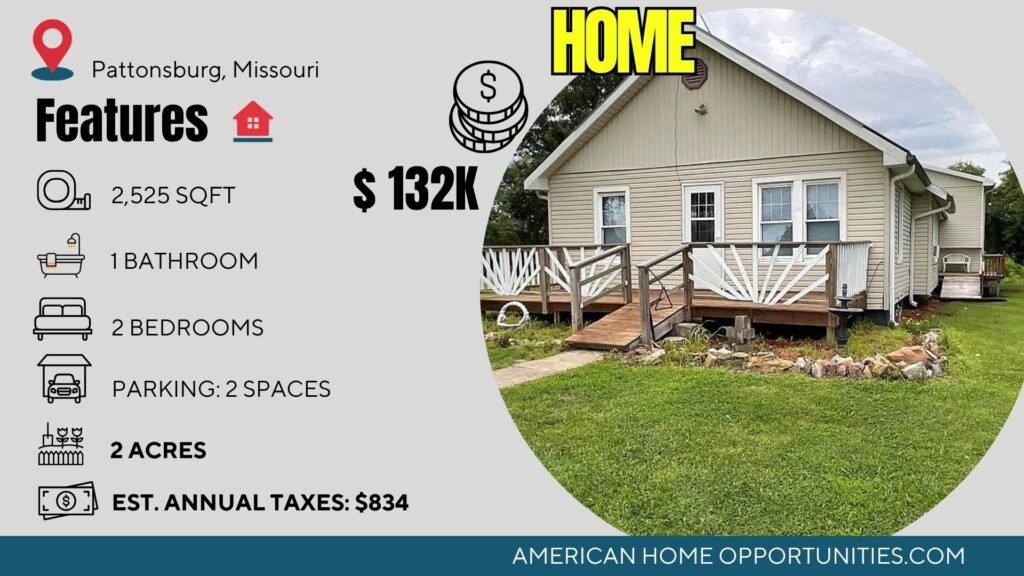 Price card for cheap farmhouse in Pattonsburg Missouri — 2 acres framed addition near I-35 $132,500