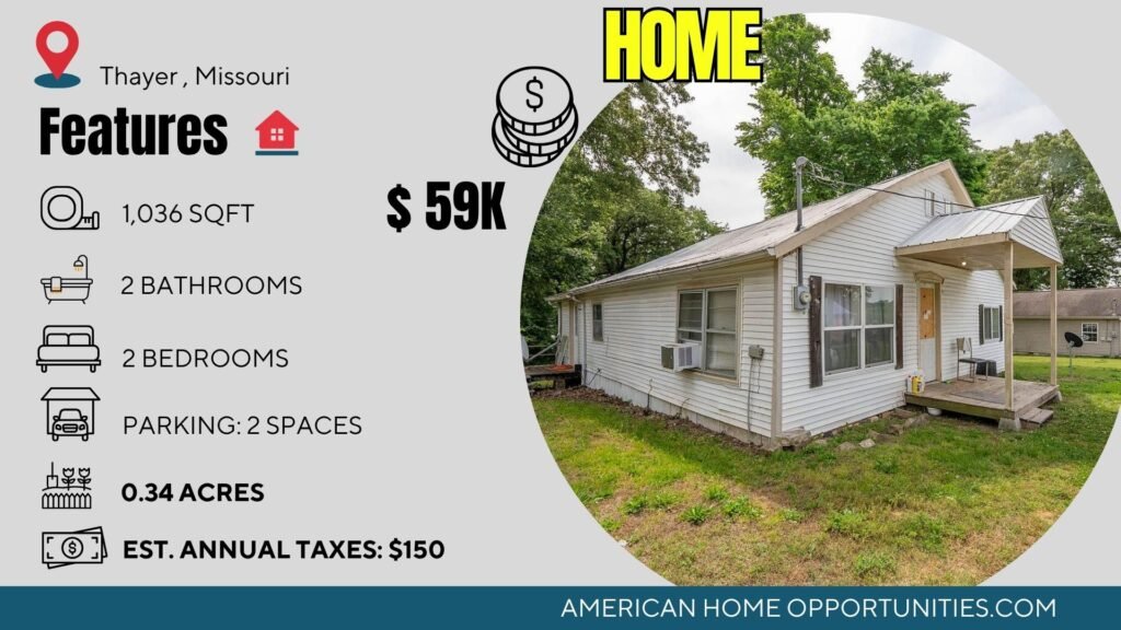 Price card for cheap farmhouse in Thayer Missouri — fixer-upper near Grand Gulf State Park $59,900