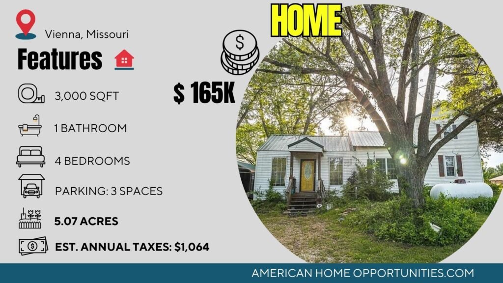 Price card for cheap farmhouse in Vienna Missouri — 4 bedrooms 5.07 acres sunroom $165,000