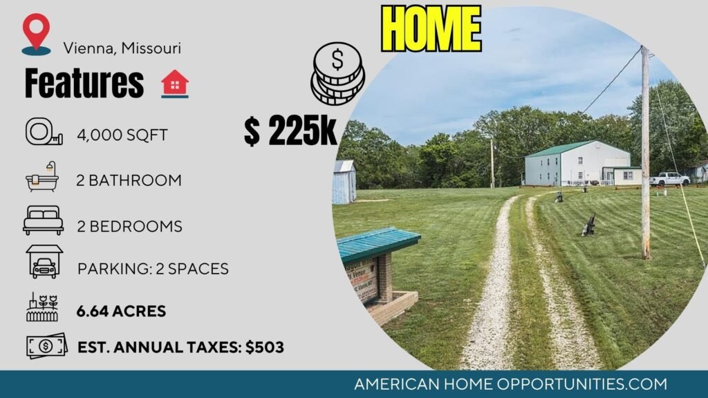 Price card for cheap farmhouse in Vienna Missouri — 4,000 sq ft event venue 6.64 acres $225,000