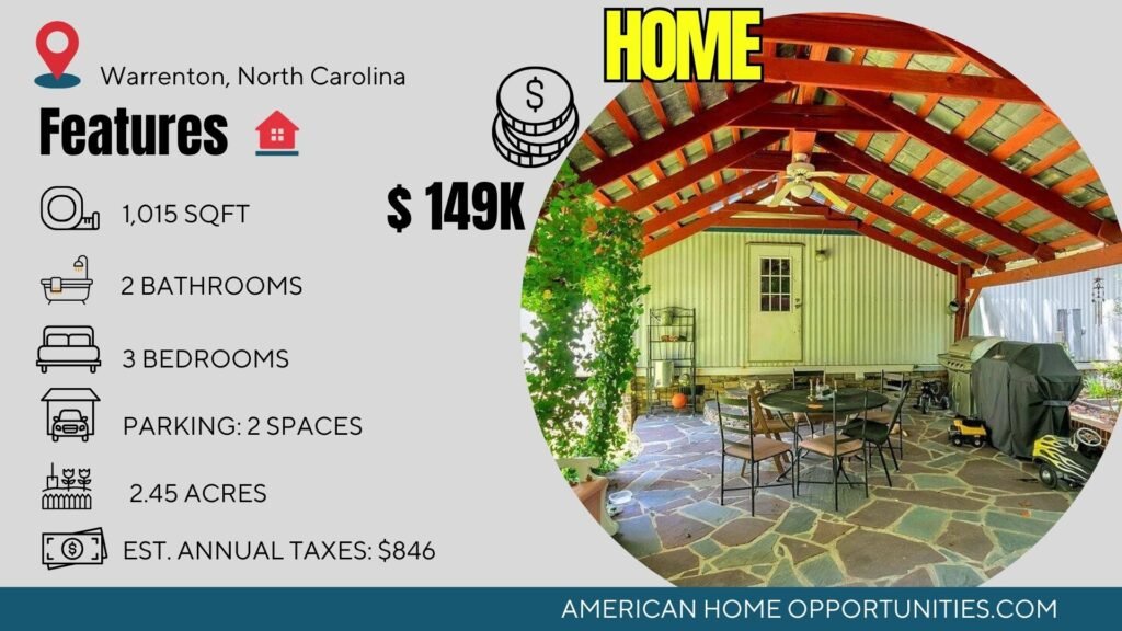 Price card for cheap farmhouse in Warrenton North Carolina — 2.45 acres, 3 bedrooms 2 bath, $149,000