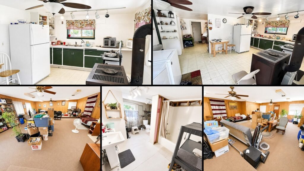 Interior of cheap farmhouse in Ava Missouri — open-concept upper level eat-in kitchen partially finished basement