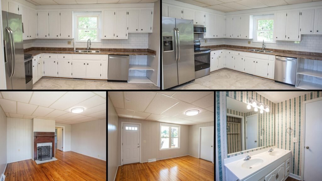 Interior of cheap farmhouse in Bethune South Carolina — 3 bedrooms 2 baths, refinished hardwood, wood-burning fireplace, updated kitchen