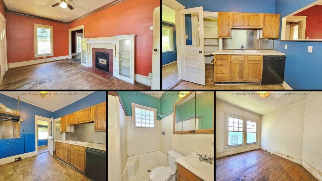 Interior of cheap farmhouse for sale in Charleston, West Virginia — hardwood floors and a formal dining room.