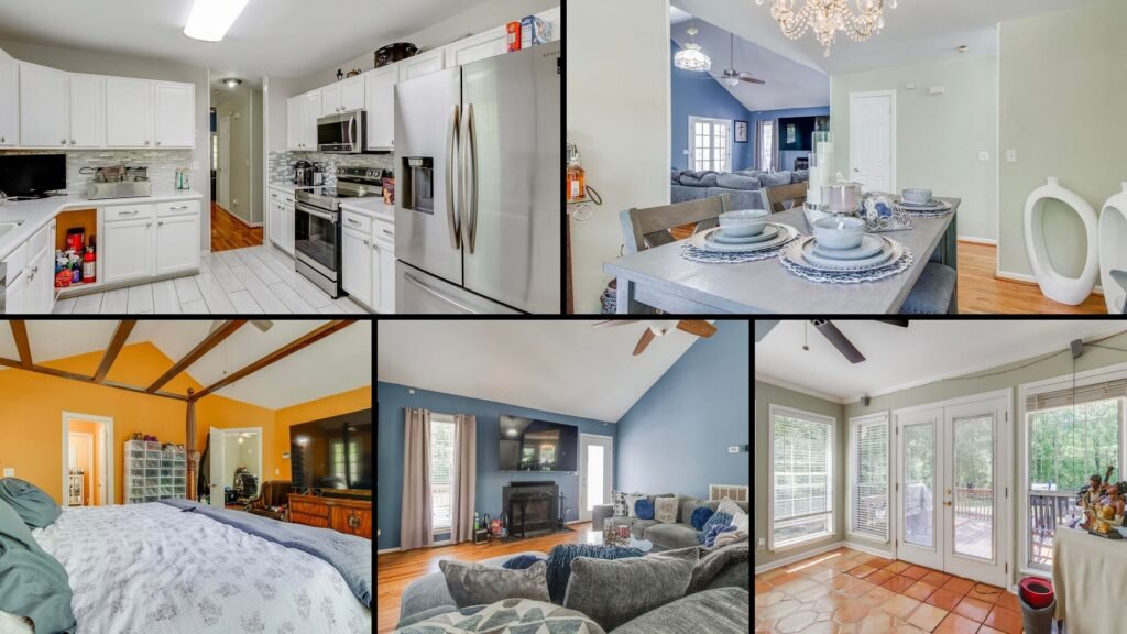 Interior of cheap farmhouse in Elgin South Carolina — 3 bedrooms 3 baths, vaulted ceilings, hardwood floors, fireplace