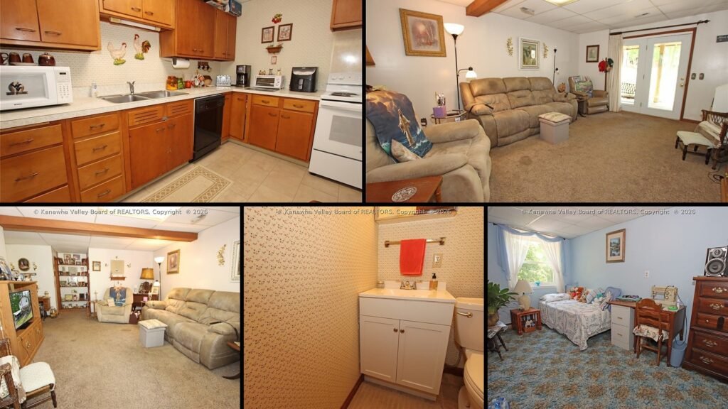 Interior of cheap farmhouse for sale in Elkview, West Virginia — a long eat-in kitchen and a large upstairs primary.