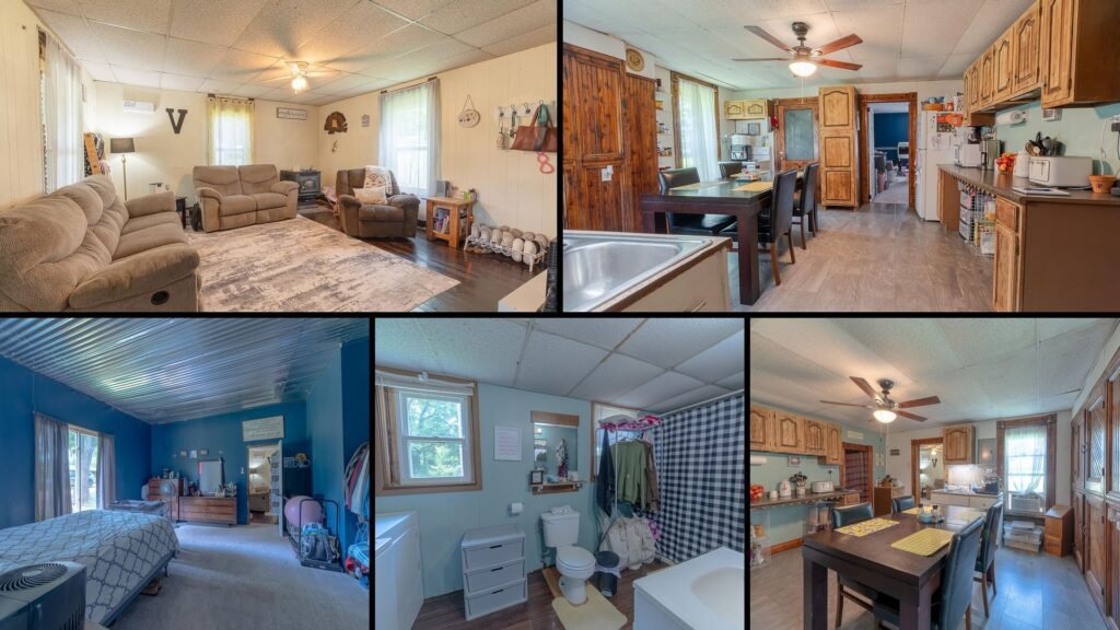 Interior of cheap farmhouse in Excello Missouri — custom wood cabinets eat-in kitchen two real bedrooms high-speed internet