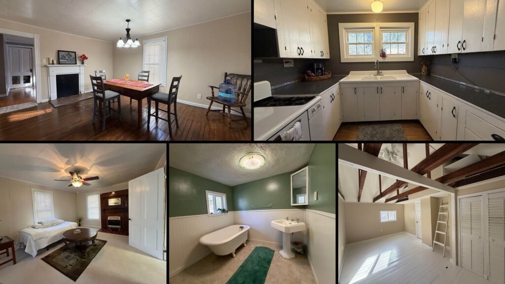 Interior of cheap farmhouse for sale in French Creek, West Virginia — original wood floors and a masonry fireplace.
