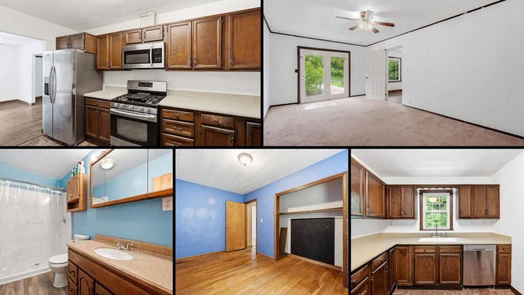Interior of cheap farmhouse for sale in Huntington, West Virginia — one-level brick living with a flexible plan.