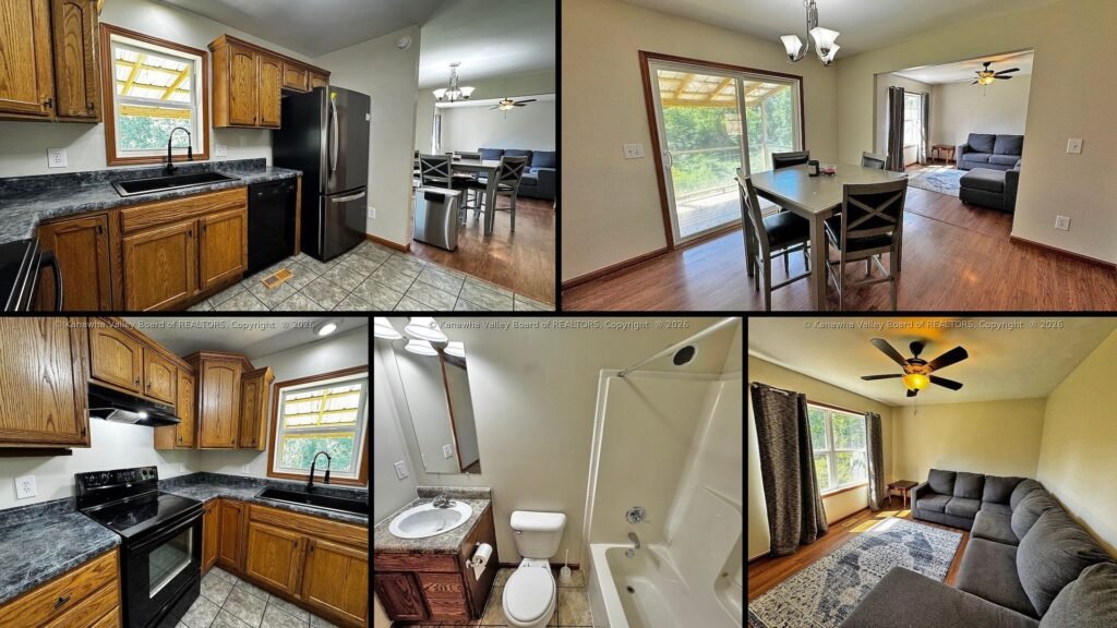Interior of cheap farmhouse for sale in Liberty, West Virginia — new flooring and a main-level primary suite.