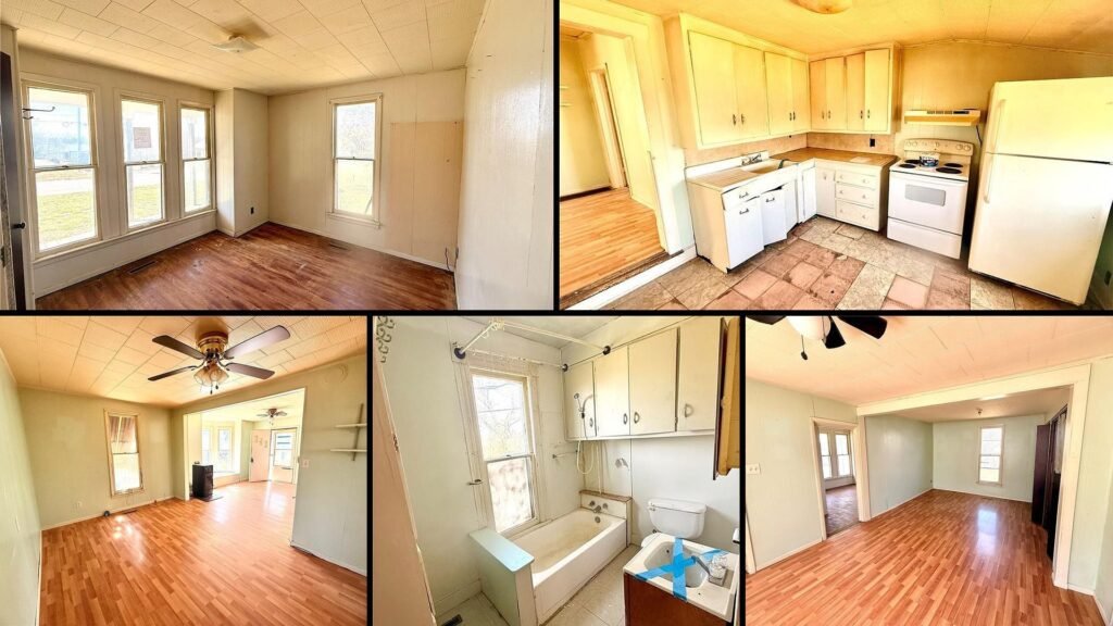 Interior of cheap farmhouse in Maysville Missouri — formal dining room main-floor laundry natural gas heat 975 sq ft