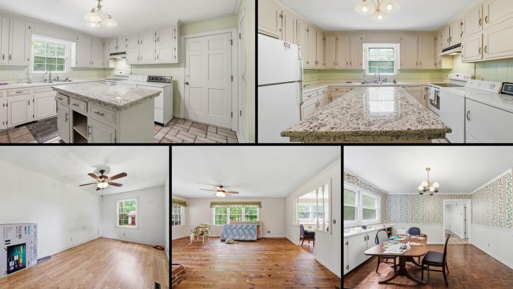 Interior of cheap farmhouse in Mullins South Carolina — 3 bedrooms 2 baths, 2,642 sqft, semi-open floor plan, fireplace, bonus room