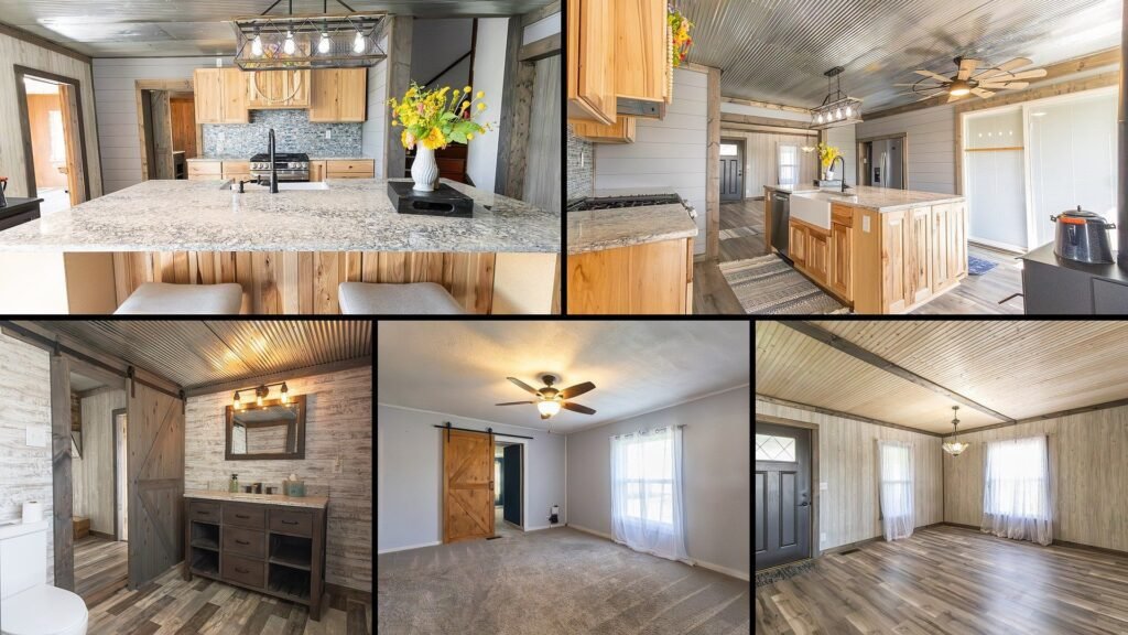 Interior of cheap farmhouse in New Cambria Missouri — remodeled kitchen quartz island Amish hood fan wood stove open loft