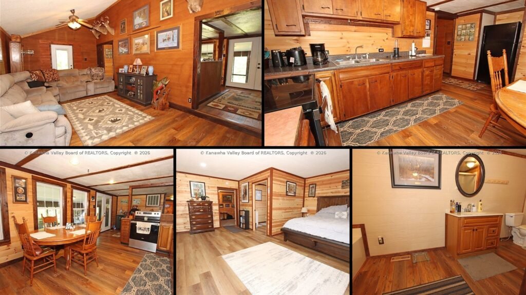 Interior of cheap farmhouse for sale in Sod, West Virginia — a rebuilt cabin interior with a new full-bath addition.