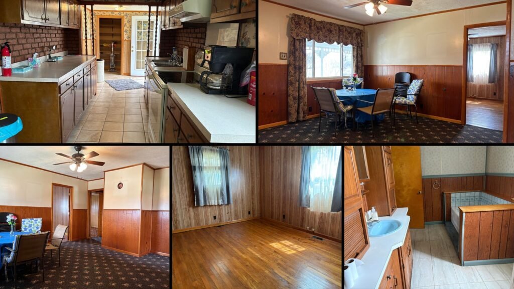 Interior of cheap farmhouse for sale in Southern District, West Virginia — move-in-ready hardwood and ceramic tile.