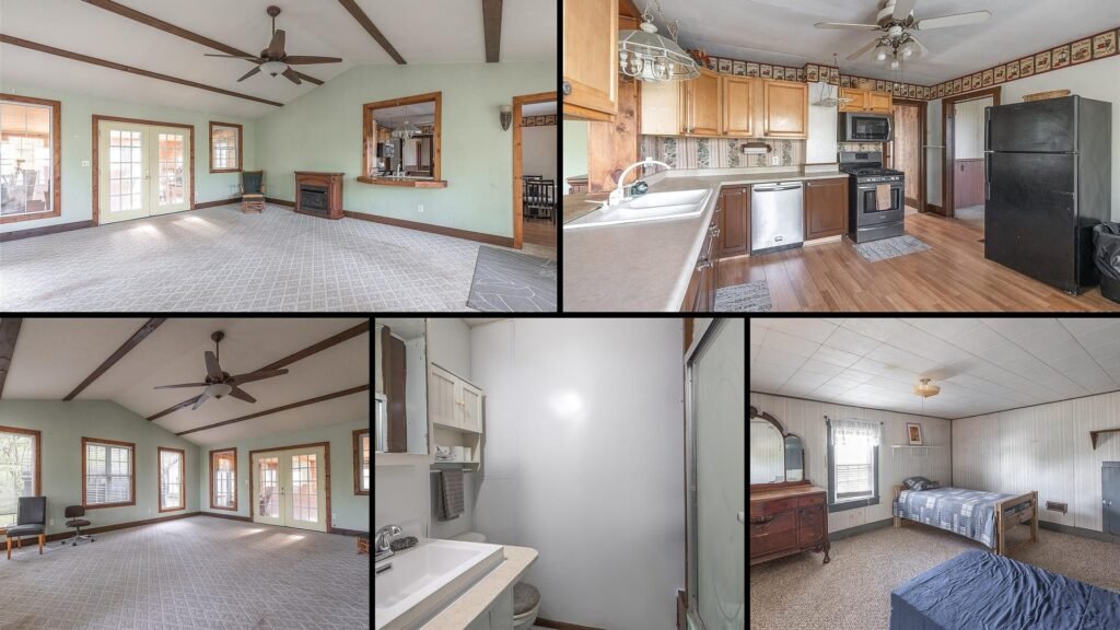 Interior of cheap farmhouse in Vienna Missouri — 4 bedrooms sunroom propane fireplace country kitchen 3,000 sq ft