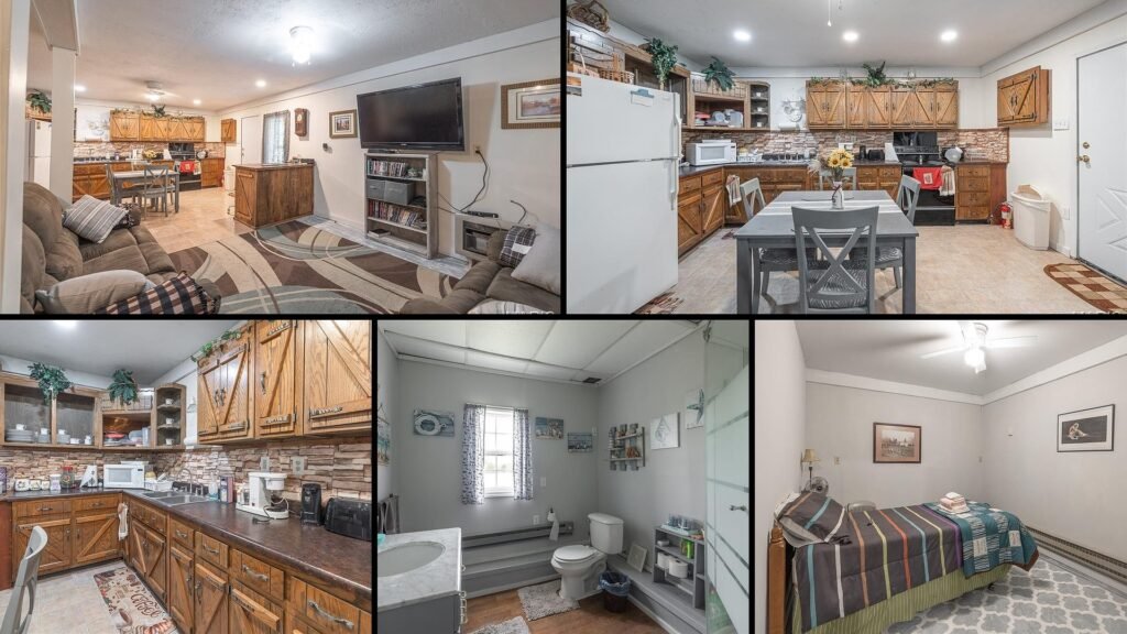 Interior of cheap farmhouse in Vienna Missouri — 4,000 sq ft event venue custom cabinetry living quarters 2 bedrooms