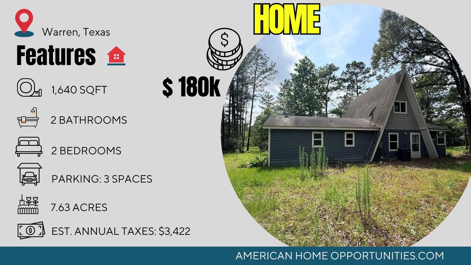 Cheap farmhouse in Warren Texas with land — lakefront A-frame on Drake's Branch Lake — $180,000