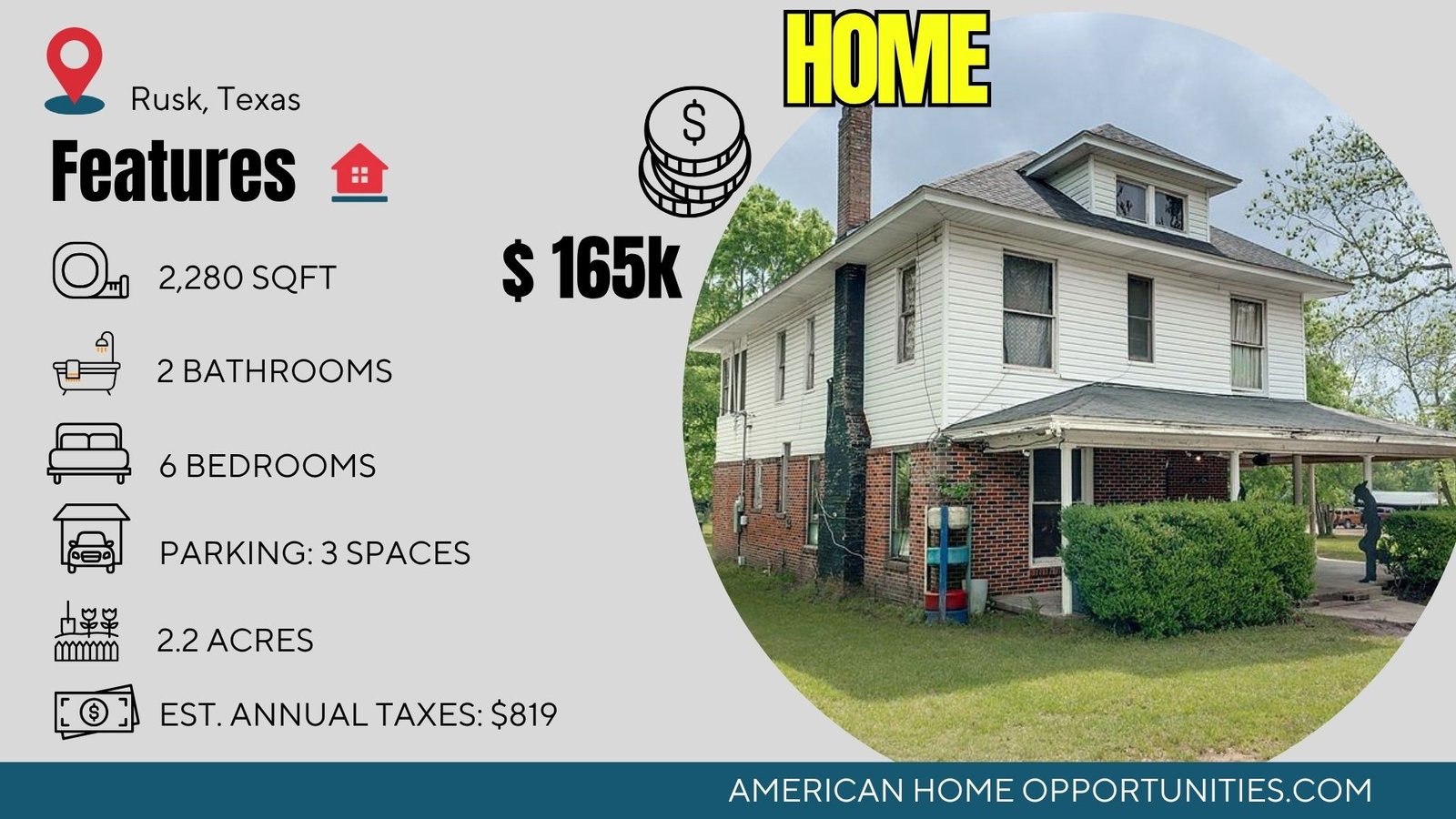 Cheap farmhouse in Rusk Texas with land — 1916 fixer on unrestricted acreage — $165,000
