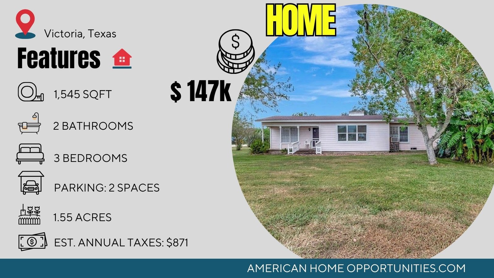 Cheap farmhouse in Victoria Texas with land — corner lot with garage near Gulf Coast — $147,500