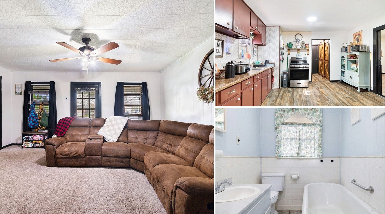 Interior of cheap farmhouse in Petty Texas — 3 bedrooms, claw-foot tub