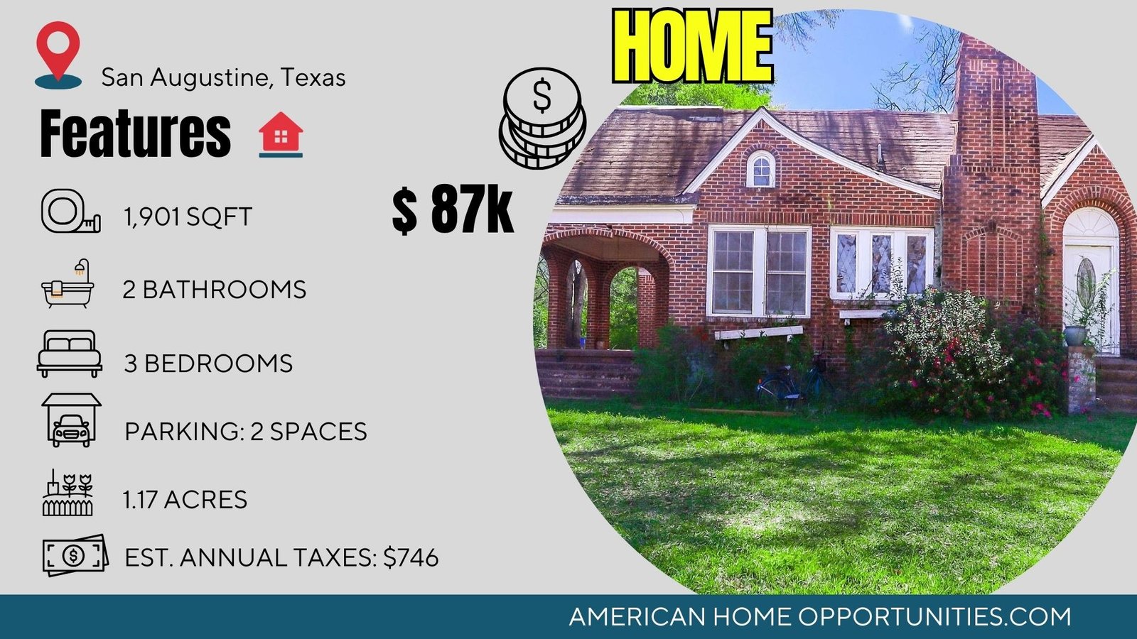 Cheap farmhouse in San Augustine Texas with land — brick corner lot with guest quarters — $87,500