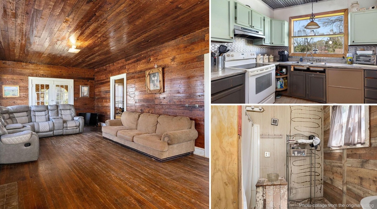 Interior of cheap farmhouse in San Augustine Texas — brick, fireplace, formal dining