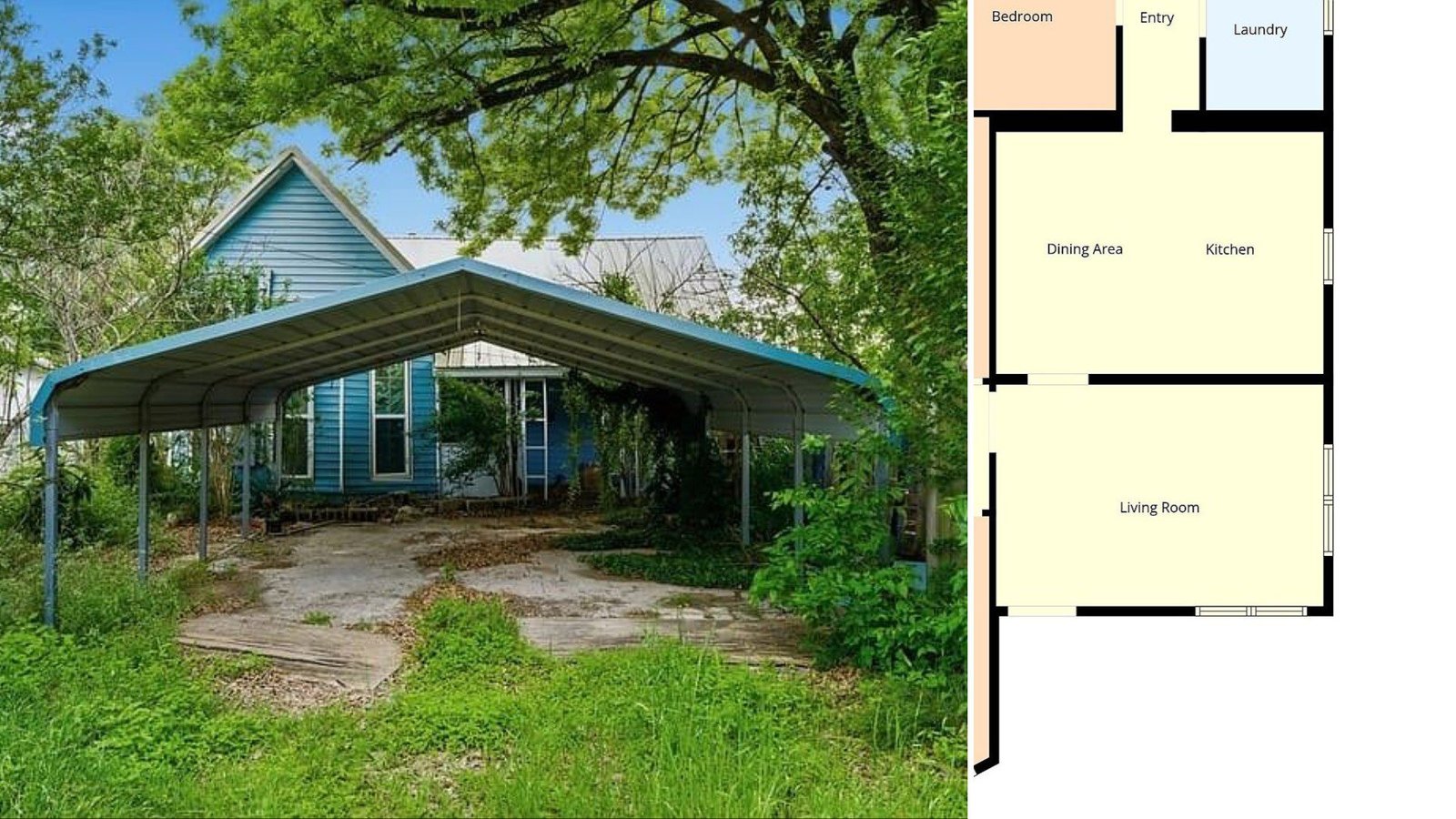 Exterior of cheap farmhouse in Groesbeck Texas — BONUS in-town lot with carport