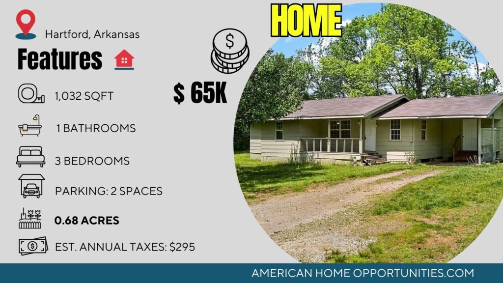 Cheap farmhouse in Hartford, Arkansas — a move-in-ready three-bedroom on two-thirds of an acre near Fort Smith