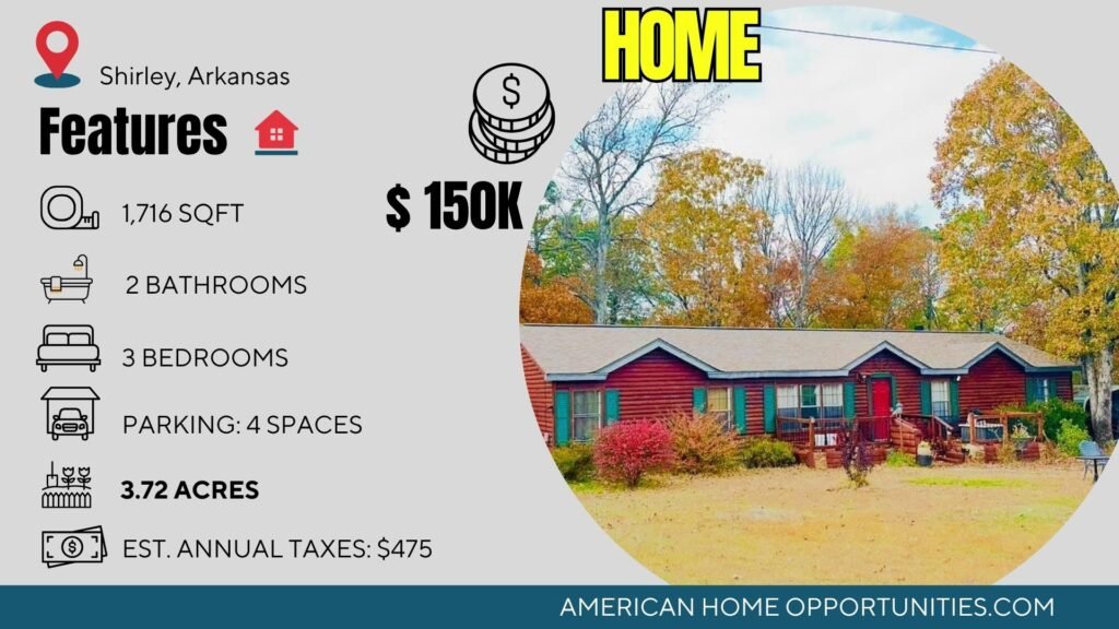 Cheap farmhouse in Shirley, Arkansas — a furnished log-style cabin on 3.72 acres near Greers Ferry Lake