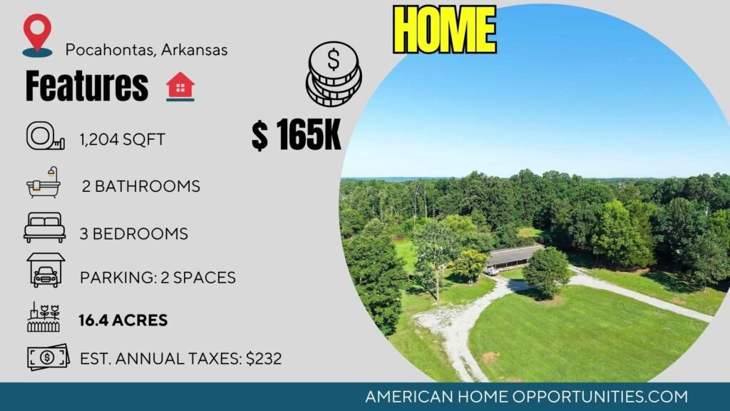 Cheap farmhouse in Pocahontas, Arkansas — a manufactured home on 16.4 acres set up with utilities for two homes