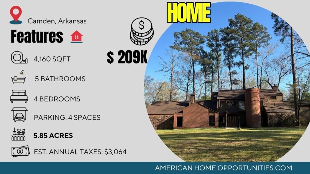 Cheap farmhouse in Camden, Arkansas — a 4,160-square-foot contemporary on 5.85 acres with an in-ground pool