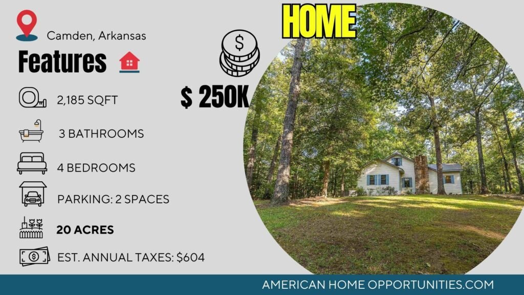 Cheap farmhouse in Camden, Arkansas — a four-bedroom home on 20 wooded acres with a 30x50 shop