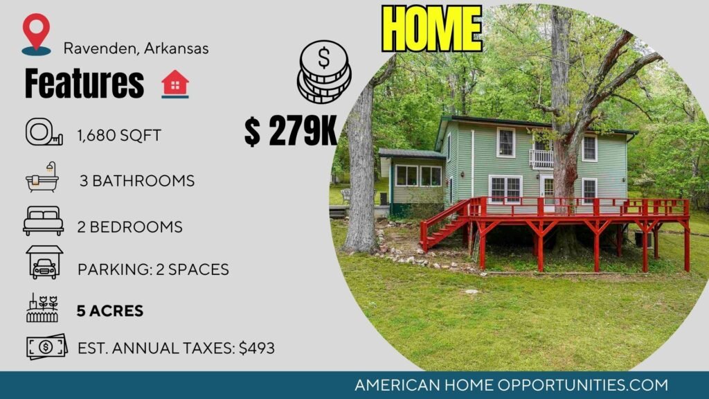 Cheap farmhouse in Ravenden, Arkansas — 5 acres with about 1,000 feet of Wells Creek frontage and a 36x36 barn