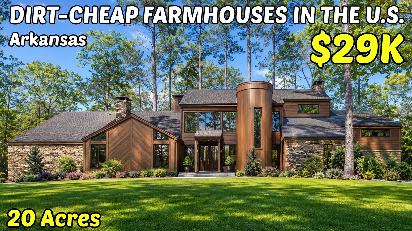 Featured image for a roundup of 10 cheap farmhouses in Arkansas with land, priced from $279,900 down to $29,500