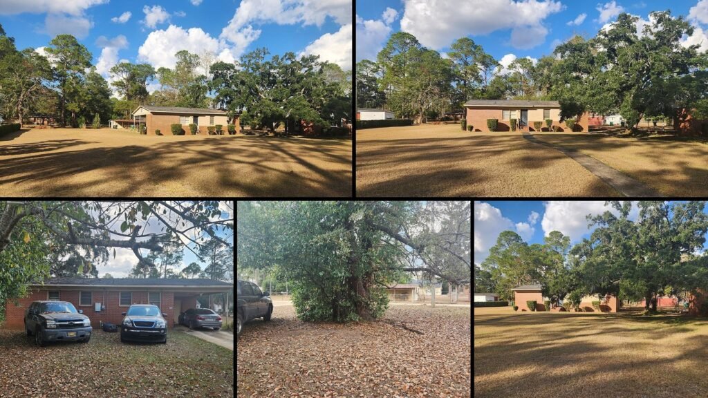 Land and exterior collage of a cheap Georgia farmhouse with land in Albany: a level 0.42-acre city lot with a single carport in a working Albany neighborhood.