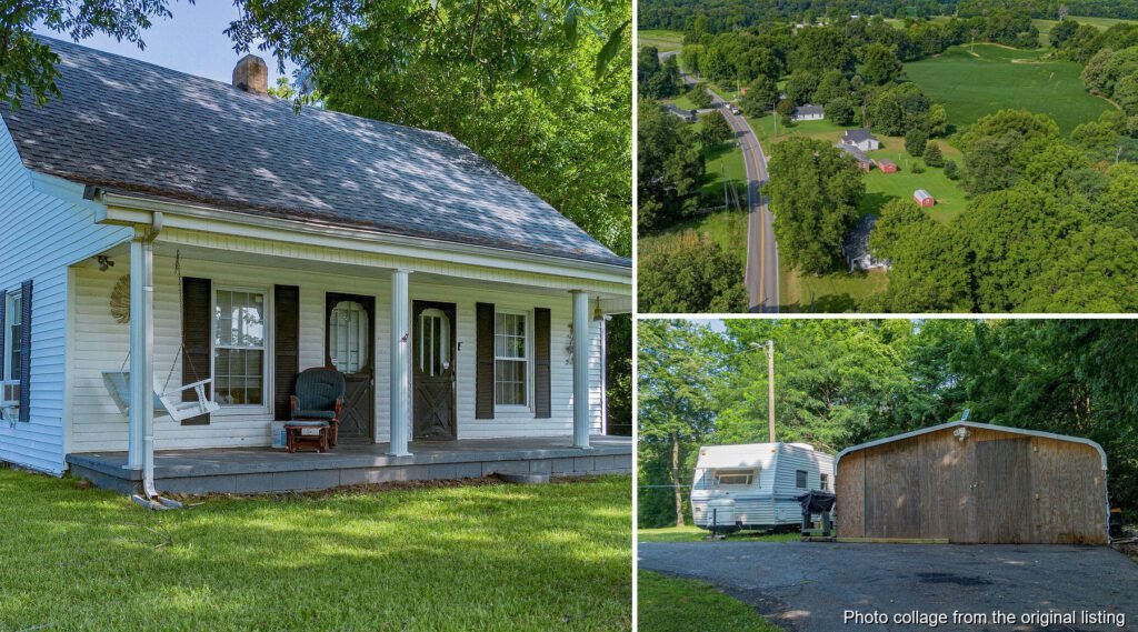 Exterior and land collage of an Arlington Kentucky home on 1.01 acres with porch garage and enclosed carport