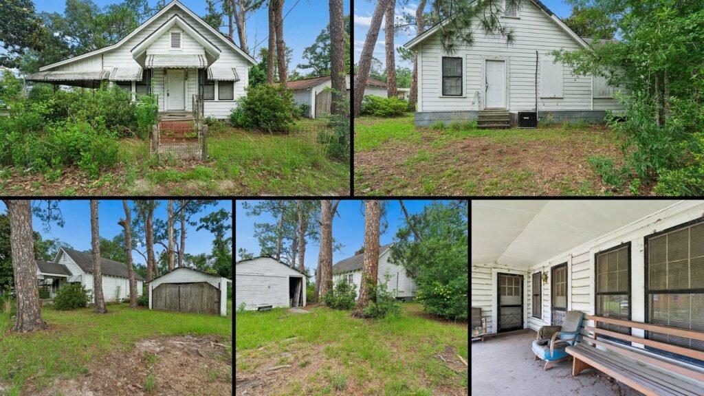 Land and exterior collage of a cheap Georgia farmhouse with land in Baxley: a level 0.41-acre town lot with a storage shed and a roof reported to have no leaks, inside Baxley city limits.