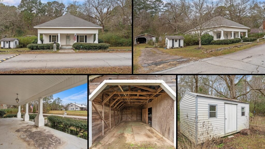 Land and exterior collage of a cheap Georgia farmhouse with land in Crawfordville: 3 private acres with a front porch, walkable to downtown Crawfordville and two miles from Interstate 20.
