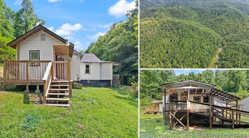 Exterior and land collage of an Emmalena Kentucky ranch with barn carport and 52 wooded acres