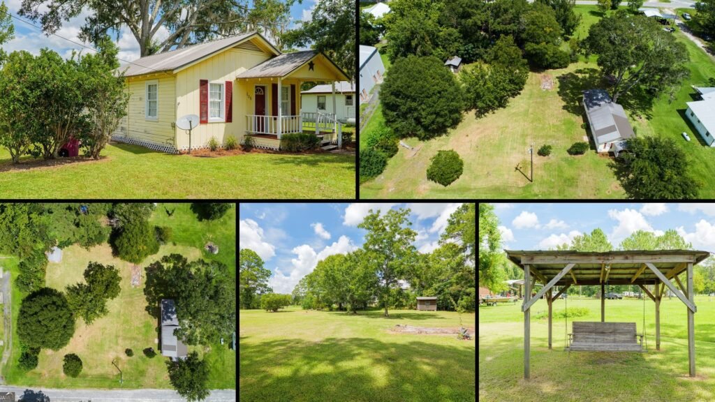 Land and exterior collage of a cheap Georgia farmhouse with land in Fargo: two-thirds of an acre with a large old oak, a tin roof, a screened back porch and an RV hookup near the Suwannee River.