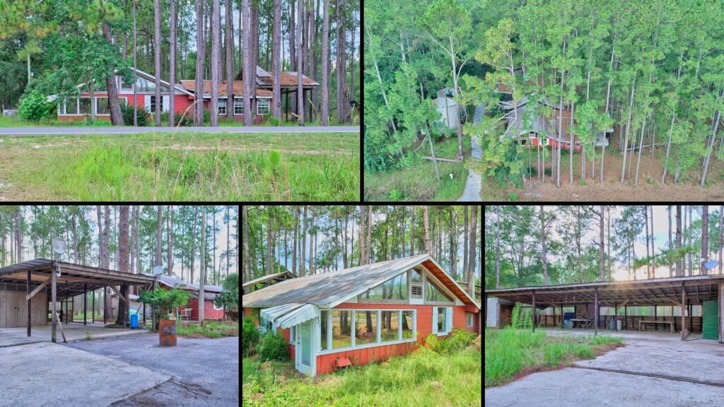 Land and exterior collage of a cheap Georgia farmhouse with land in Glennville: 3.5 wooded acres with a large pole barn, a workshop, metal grain bins and covered parking on a private well.
