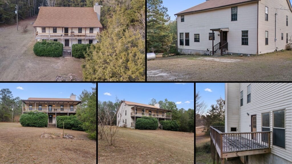 Land and exterior collage of a cheap Georgia farmhouse with land in Hephzibah: 14.97 acres of open and wooded land with two covered porches and a side wood deck on a well and septic.